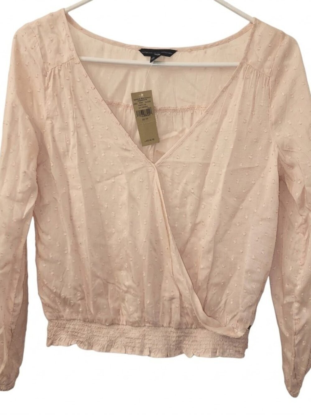 NWT American Eagle Pink Dobby Dot Wrap Blouse - Smocked Waist - XS
